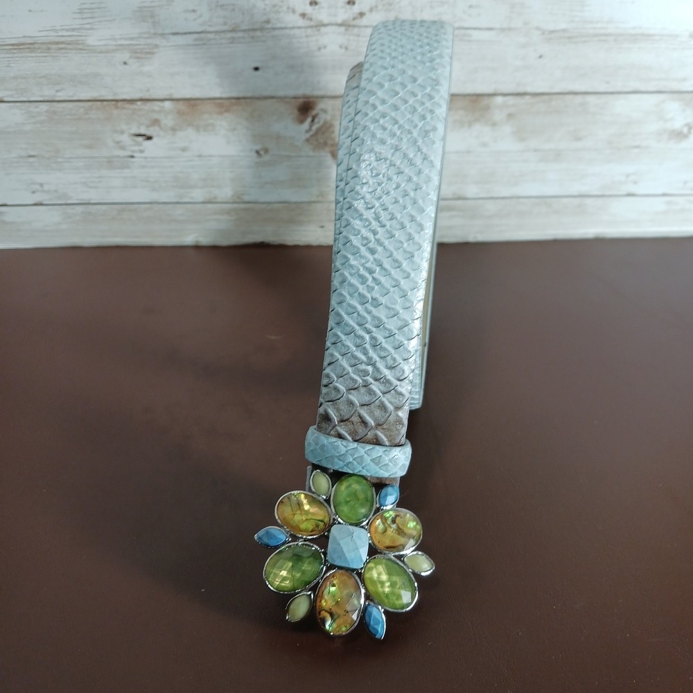 Liz Claiborne Leather Belt Sz L Embossed like Snake Skin Jeweled Buckle